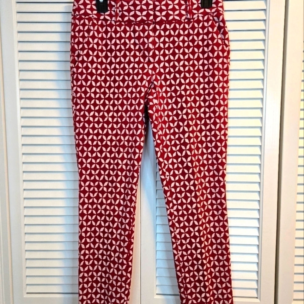 Ann Taylor Loft Marissa Skinny Size 4 Red White Geometric Print Stretch Tapered
